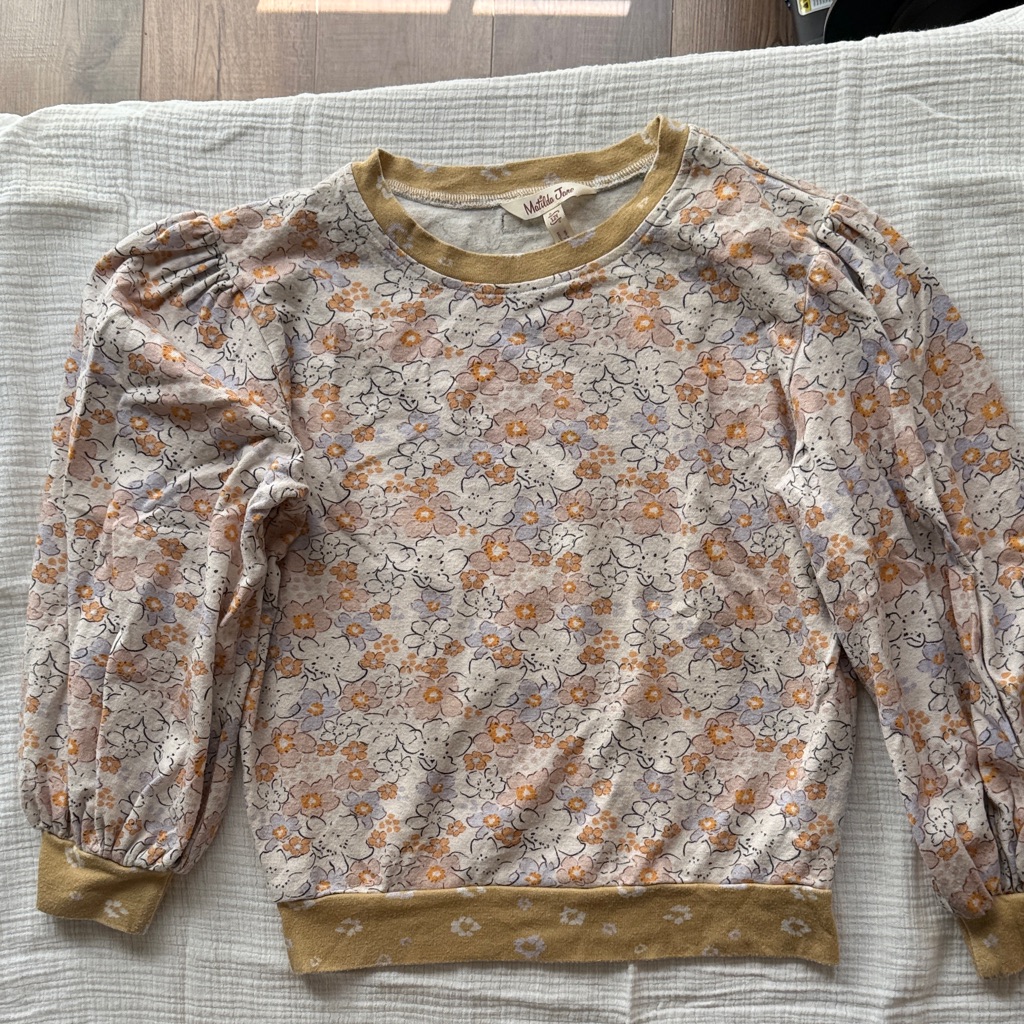 Matilda Jane Floral Top With Tan Trim, Puffy Sleevesyouth 12,